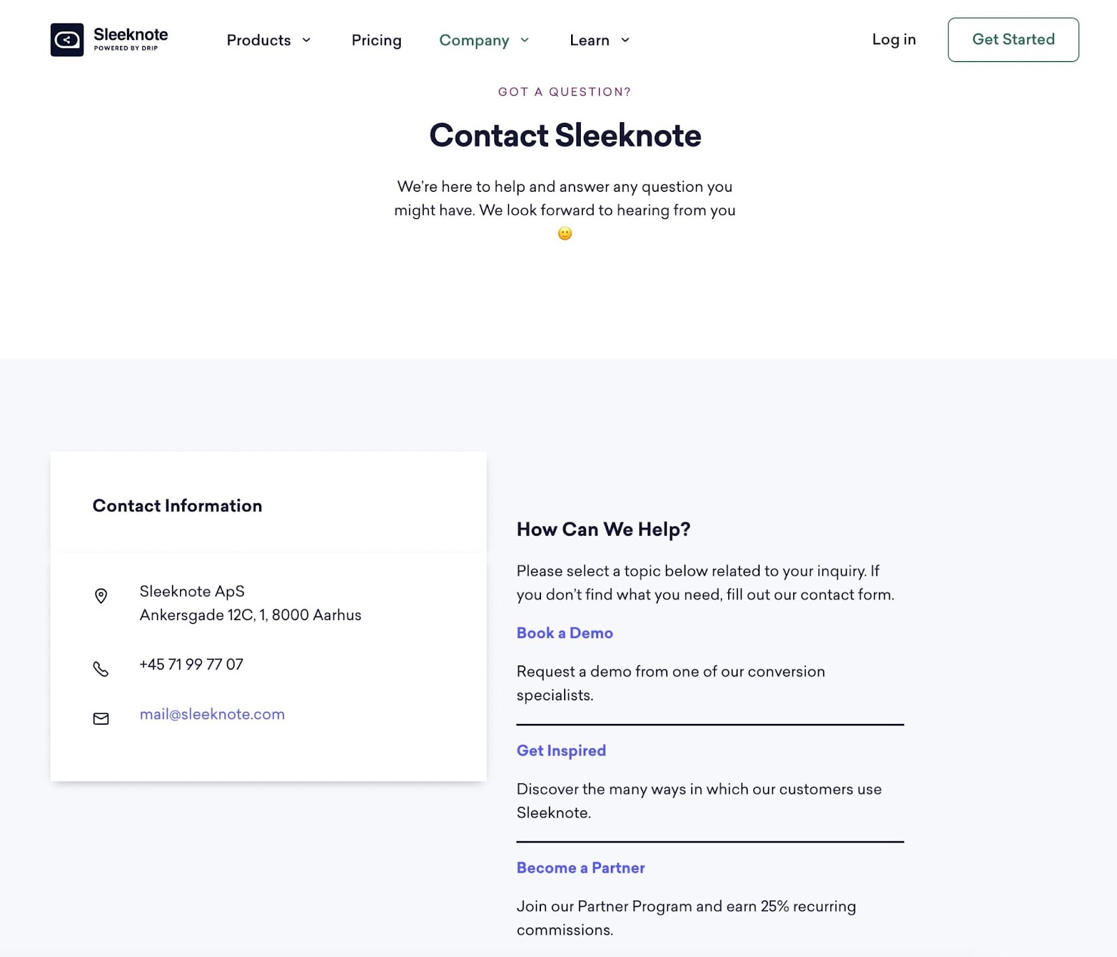 Sleeknote contact page