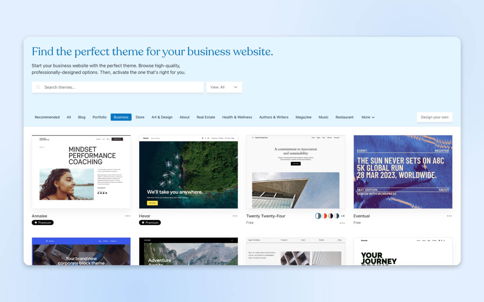 screenshot showing different website themes, with the "business" tab selected