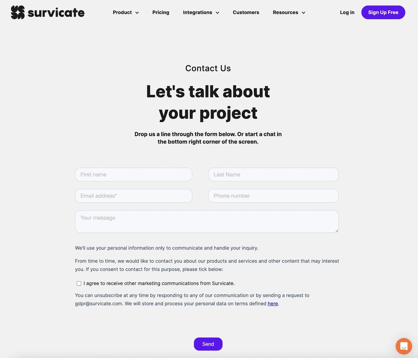 Survicate contact page