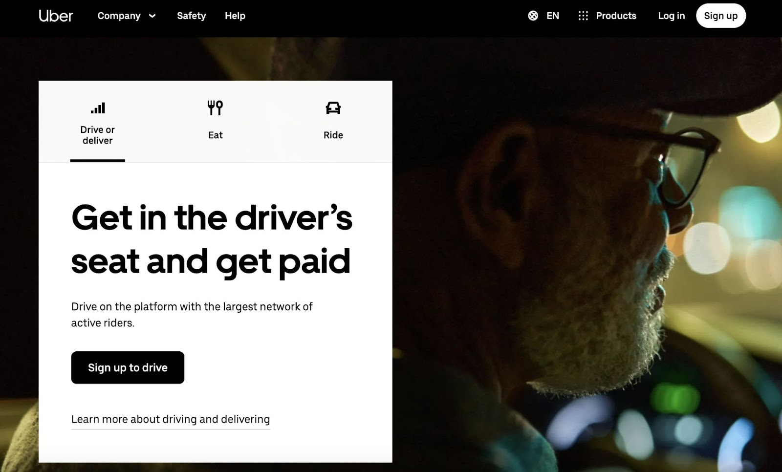 call to action (CTA) example from Uber