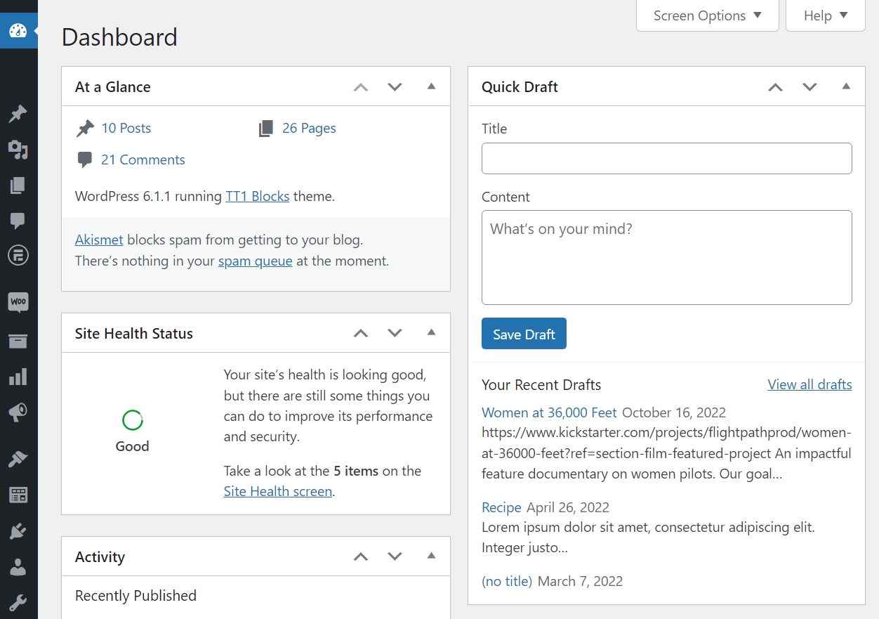 WordPress dashboard