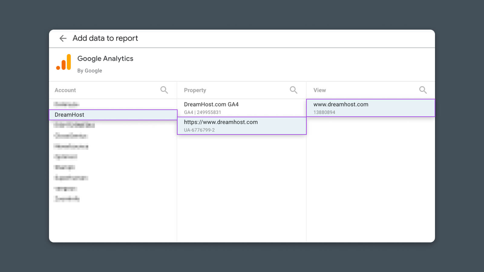 After you click “Authorize” and confirm, you should see a list of your connected Google Analytics accounts. Select the Account, Property, and View that you want to use for this report.