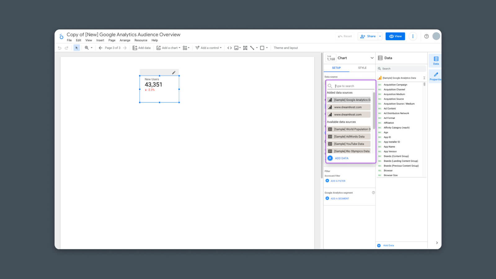 You need to configure the chart to pull data from the source you just added. Click on the chart, and in the right-hand sidebar you should see a section called “Data Source”.