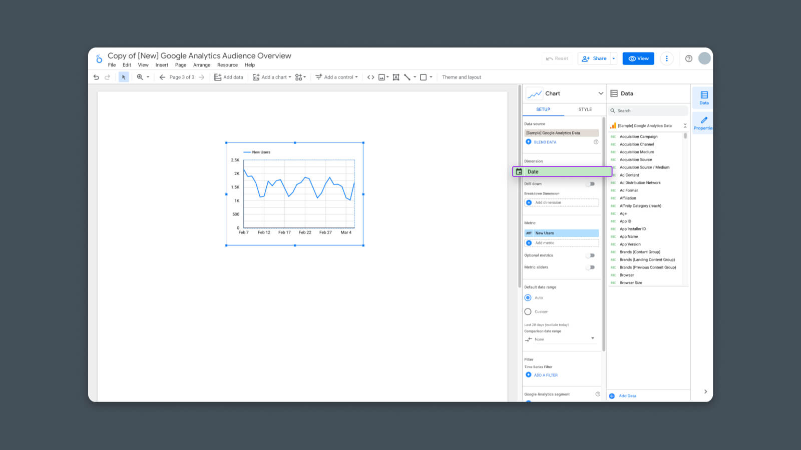 Dimensions are the way we want the data to be segmented. Looker Studio will show relevant dimensions depending on which type of chart you’ve selected.