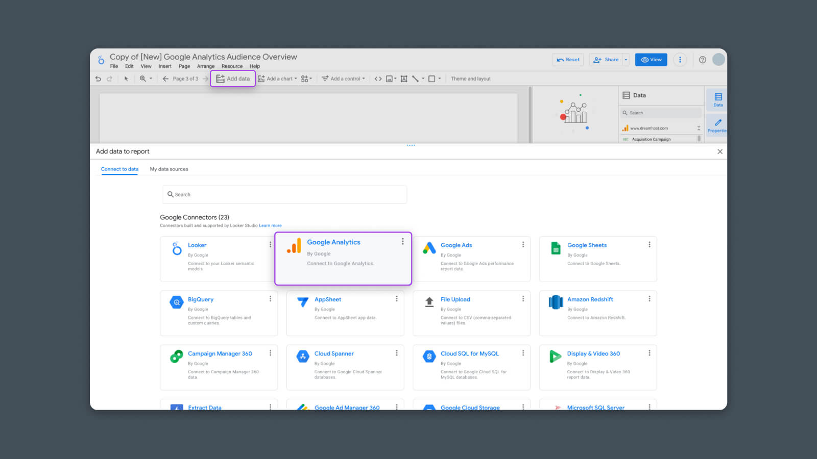 Once you have the page where you want to add data, you’ll need to connect your data source. This can be Google Analytics, Google Search Console, Google Ads, Sheets, or various other sources by click “Add data” and select your data source.