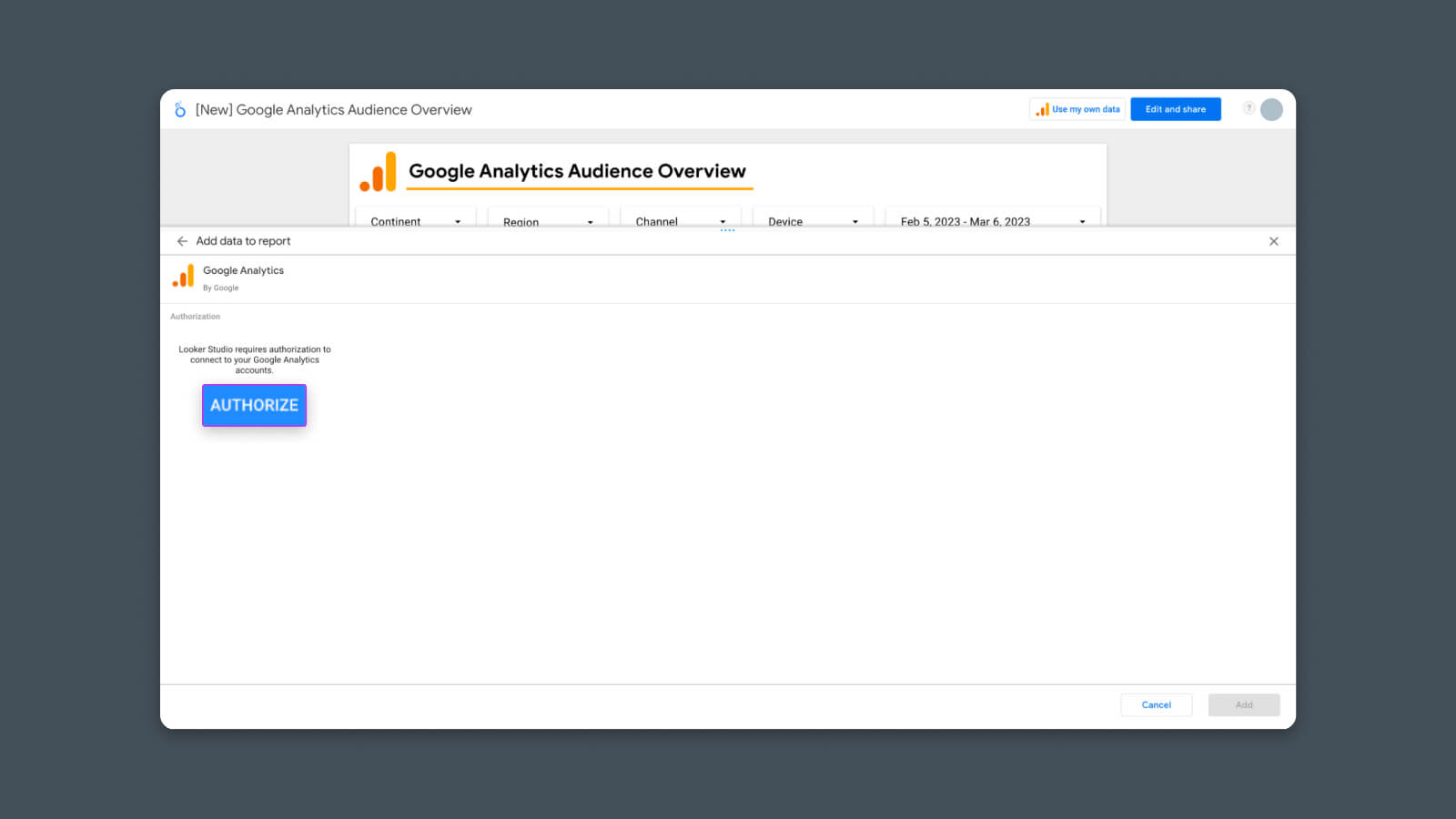 You should see a new screen asking you to authorize Google Analytics access for Looker Studio. Click the “Authorize” button to allows Looker Studio to access your analytics data.