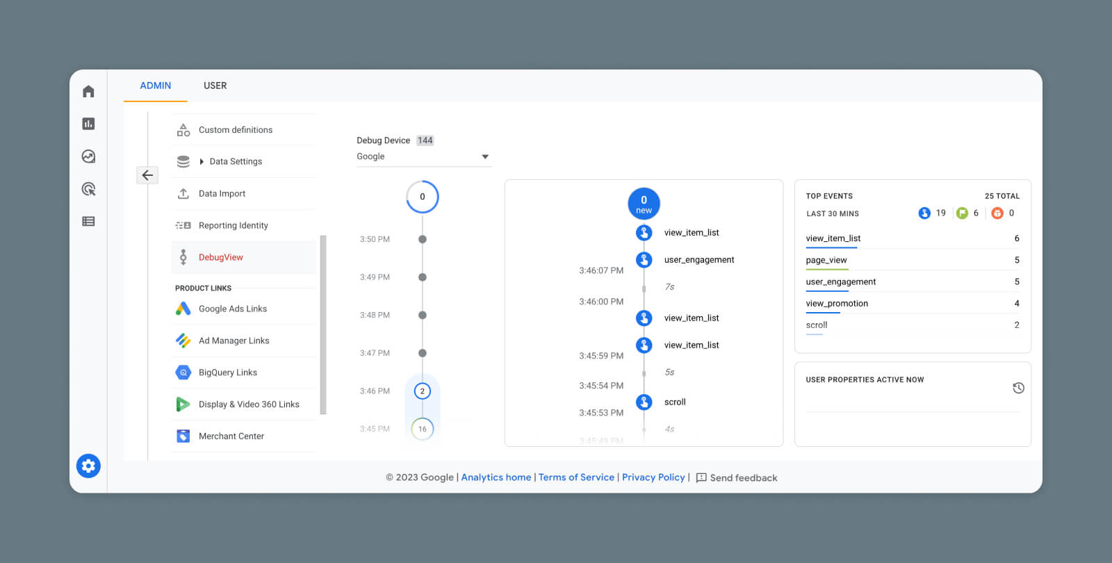 Screenshot of Google Analytics 4 DebugView