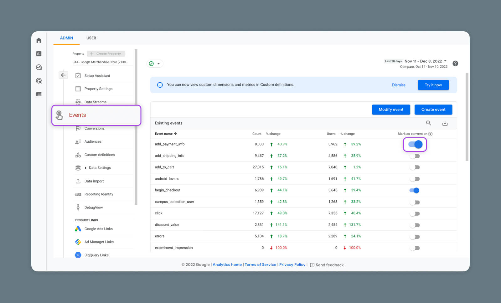 Screenshot of Google Analytics 4 Mark As Conversion