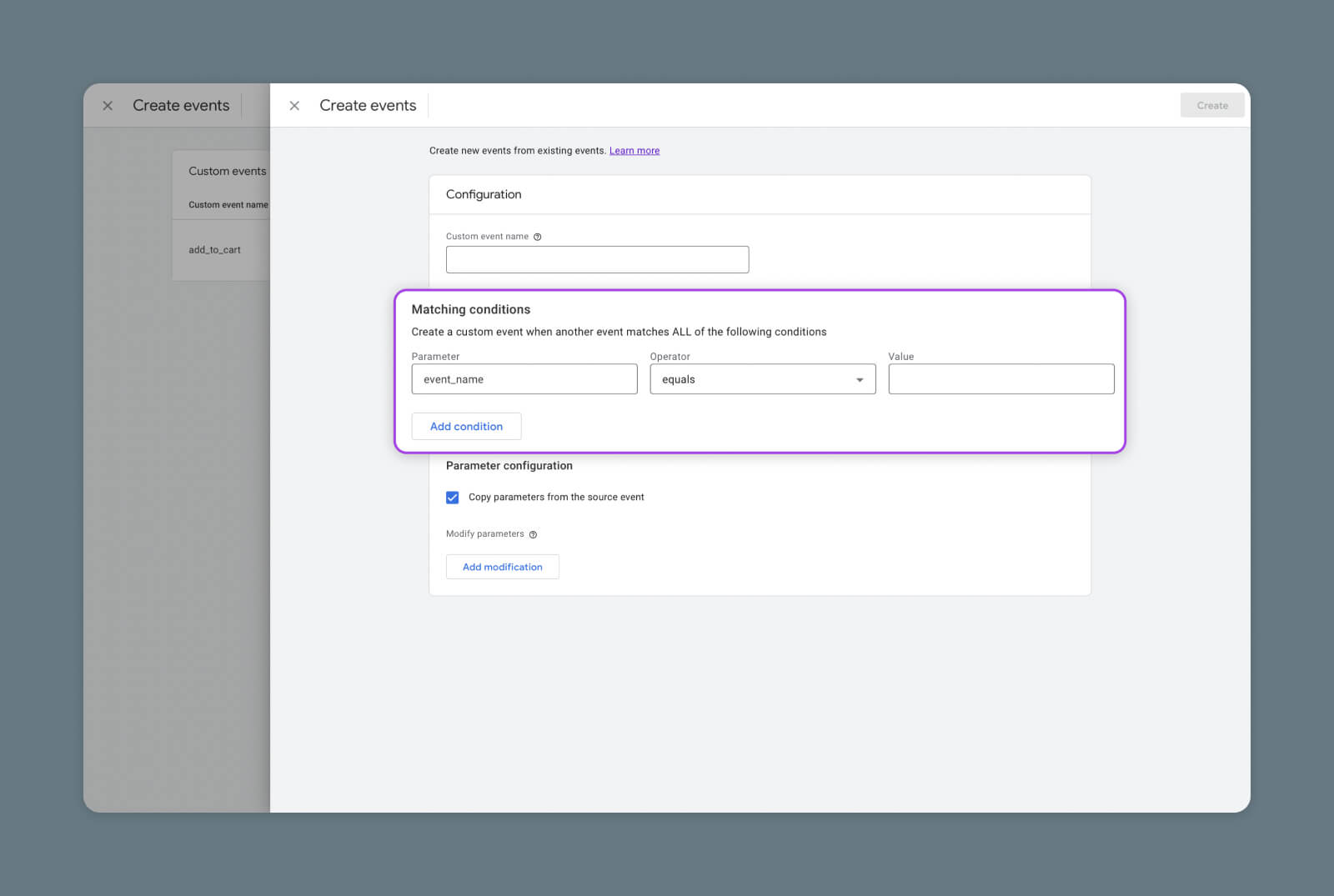 Screenshot of Google Analytics 4 Matching Conditions