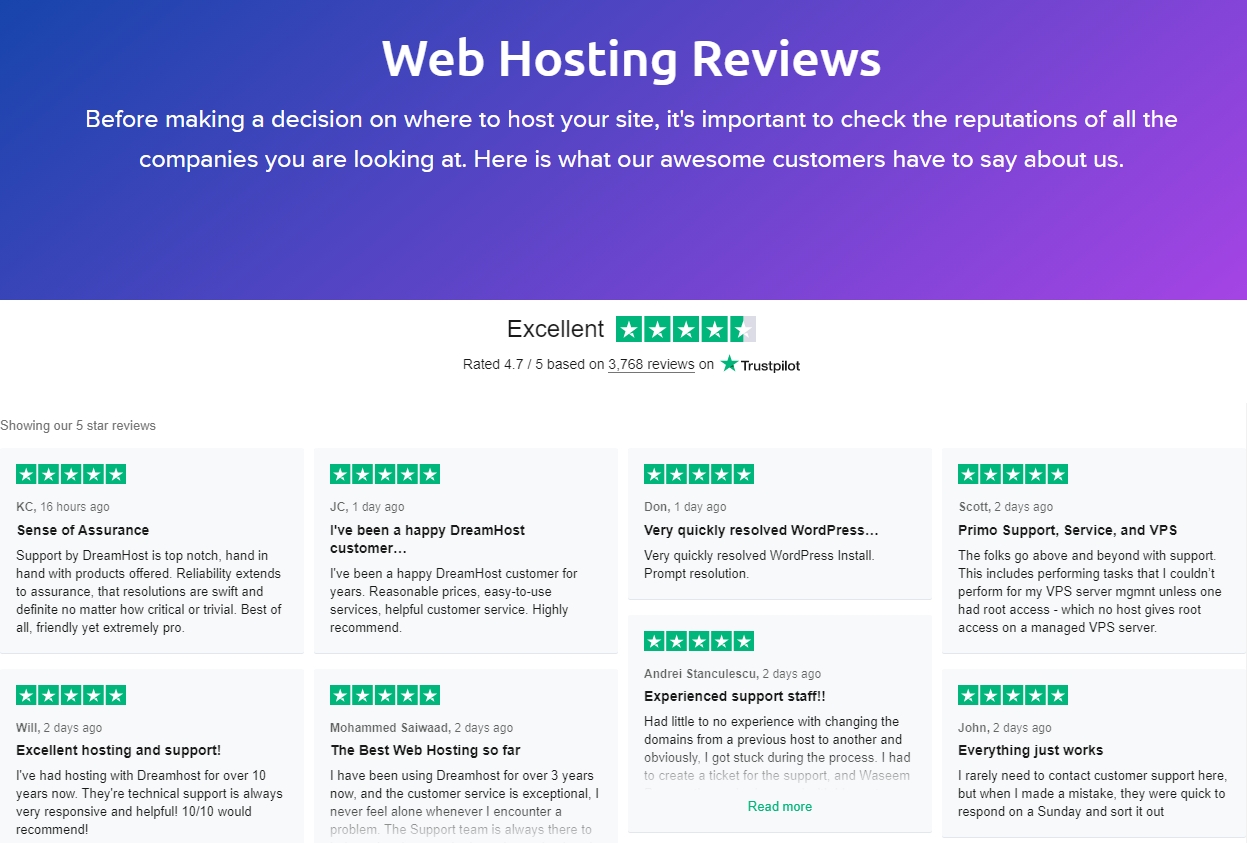 Examples of positive reviews on a website.