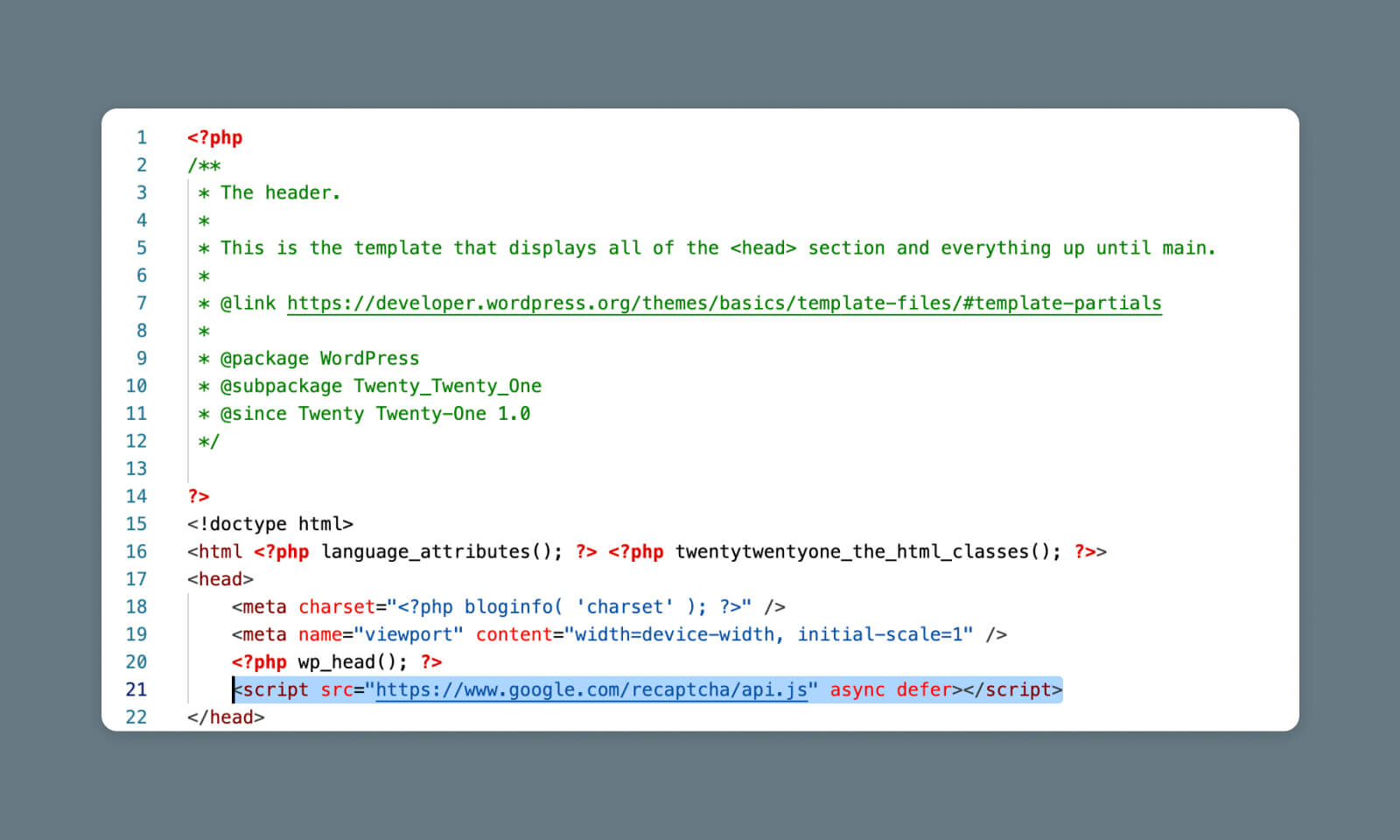 Copy and paste the reCAPTCHA JavaScript snippet on header.php file