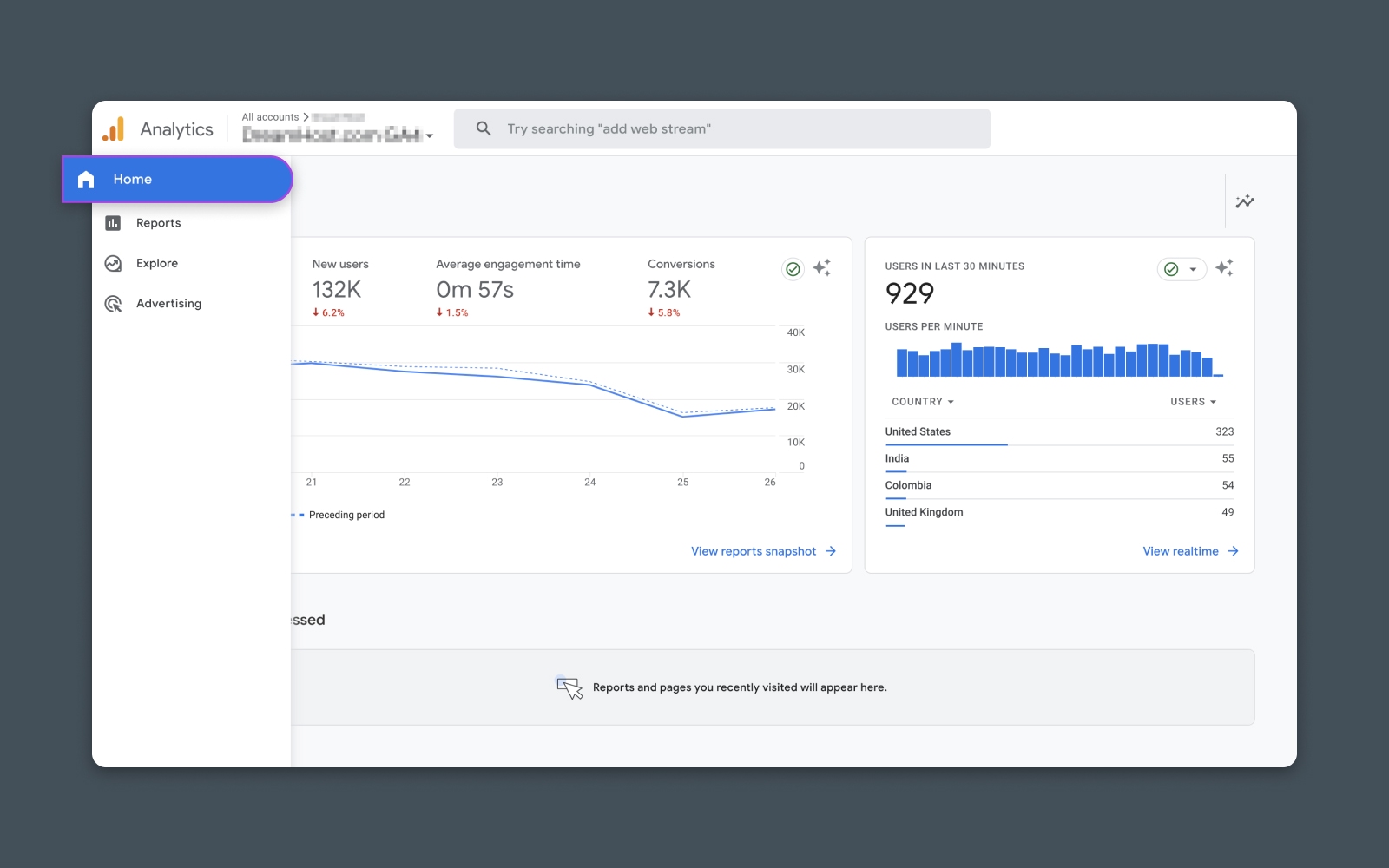 To use Analytics Intelligence, you can sign into Google Analytics and choose the website property you want to explore. Navigate to the Home page using the left sidebar.