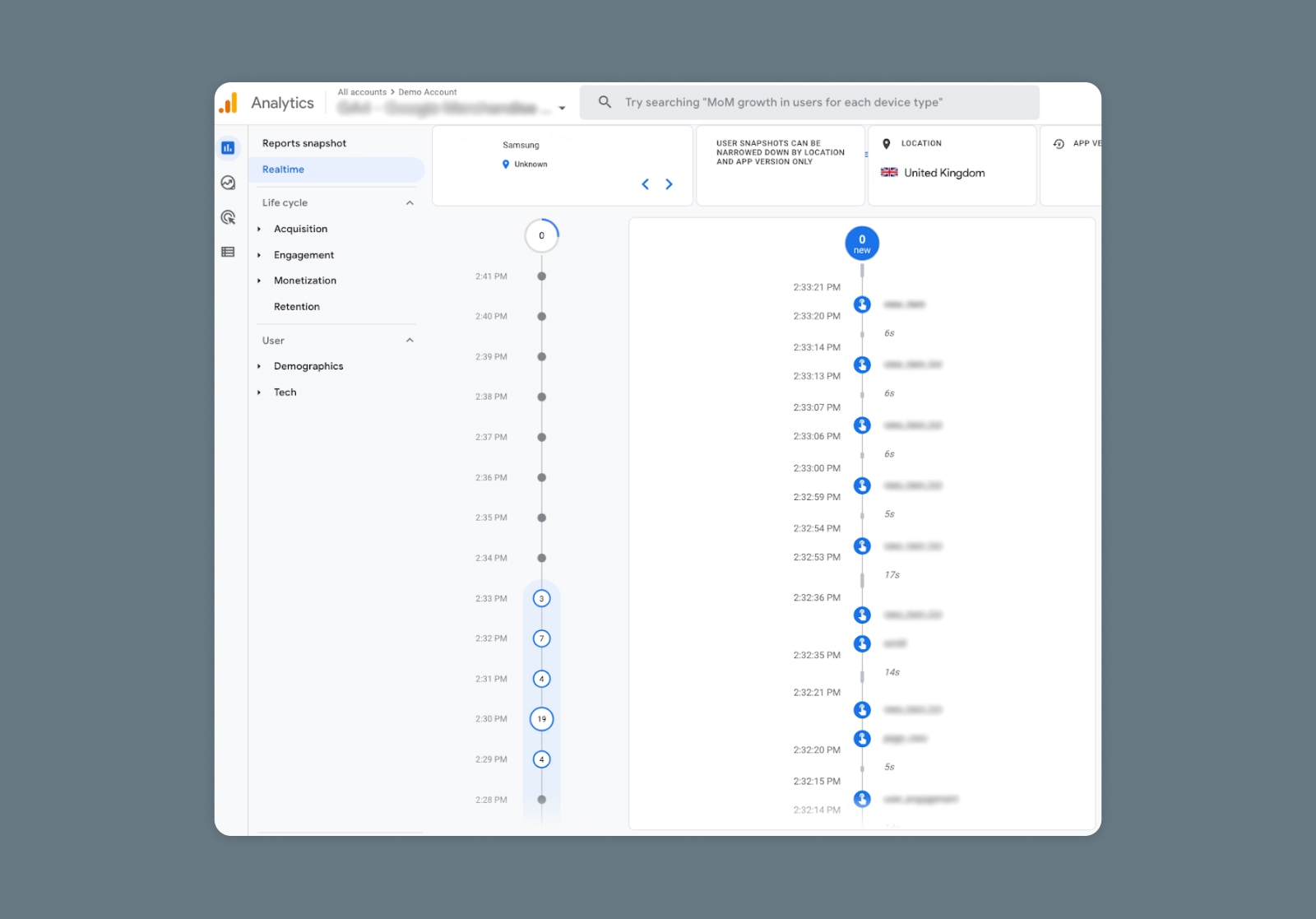 GA4 Realtime reporting dashboard - User snapshot timeline