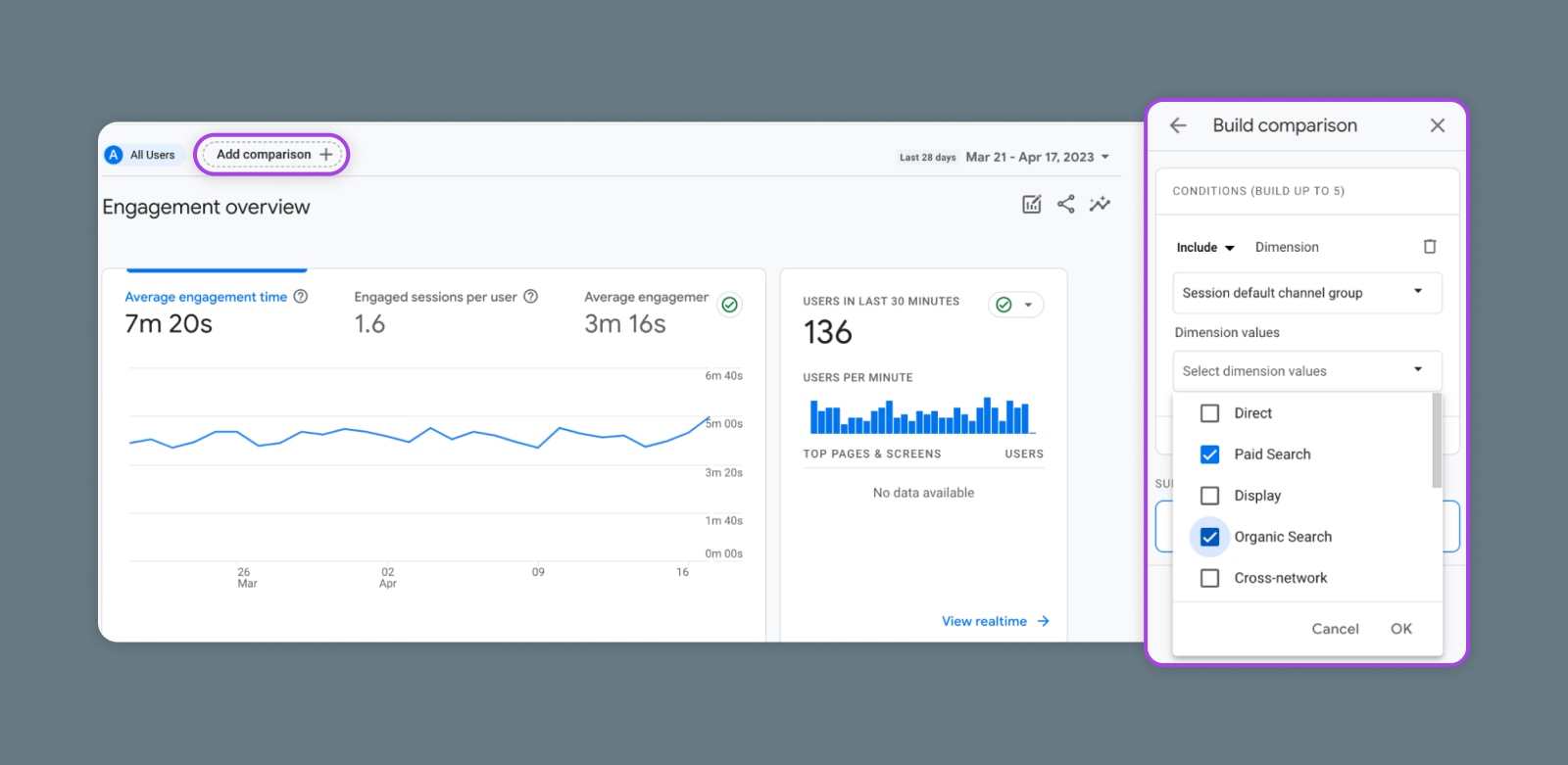 Navigating and Customizing GA4 Reports, Add Comparison