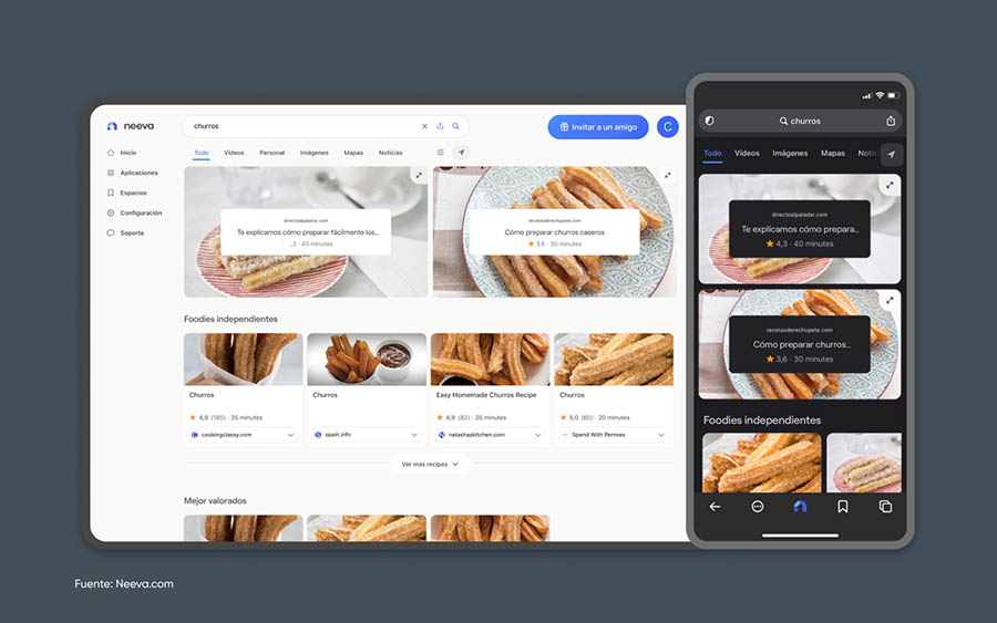 Neeva en escritorio y celular