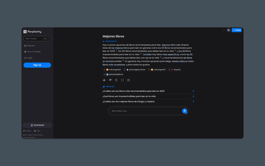 ágina web de Perplexity AI