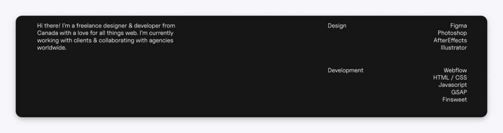 Texto de introducción alineado a la derecha y lista de habilidades alineada a la izquierda para Christina Kosik.