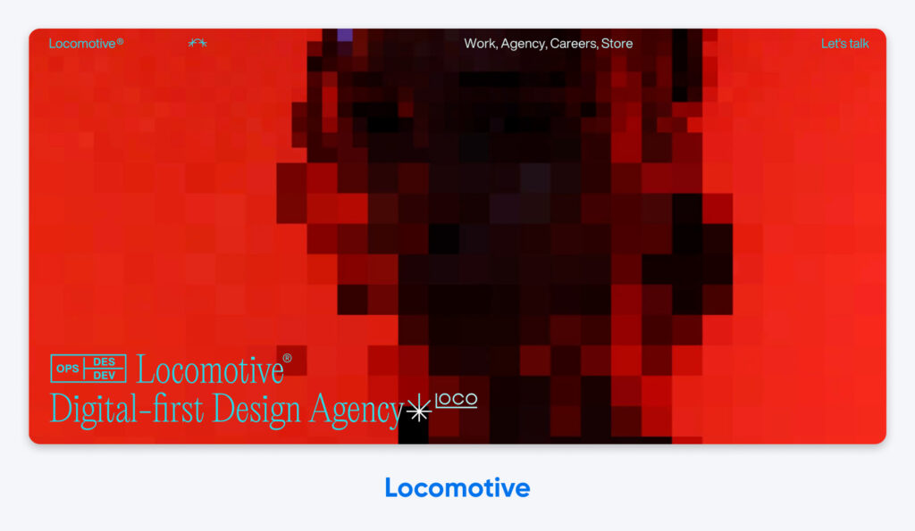 Página de inicio de Locomotive, una agencia de diseño digital-first, con ilustraciones pixeladas en rojo y enlaces de navegación.