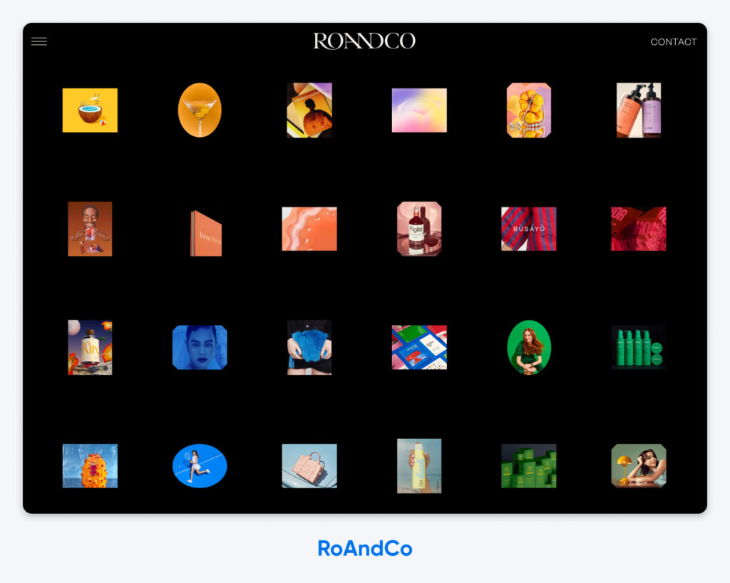 Cuadrícula de miniaturas coloridas de portafolio en la página de inicio de RoAndCo, que muestra trabajos de branding y diseño de productos.