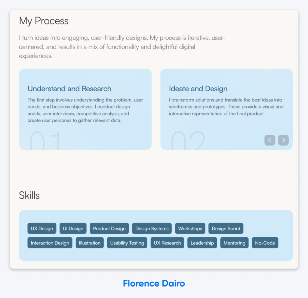 Resumen de un proceso de diseño centrado en el usuario, con pasos para la investigación y la ideación, seguido de una lista de habilidades relacionadas con UX y UI.