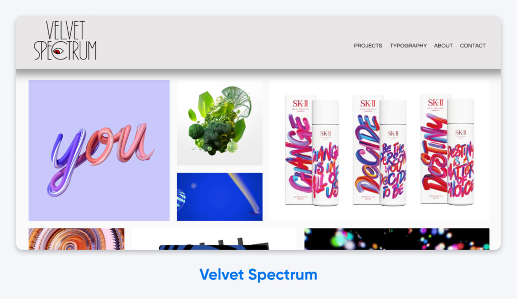 Página de inicio de Velvet Spectrum que presenta una tipografía 3D vibrante y envases de productos coloridos para las botellas de cuidado de la piel SK-II.