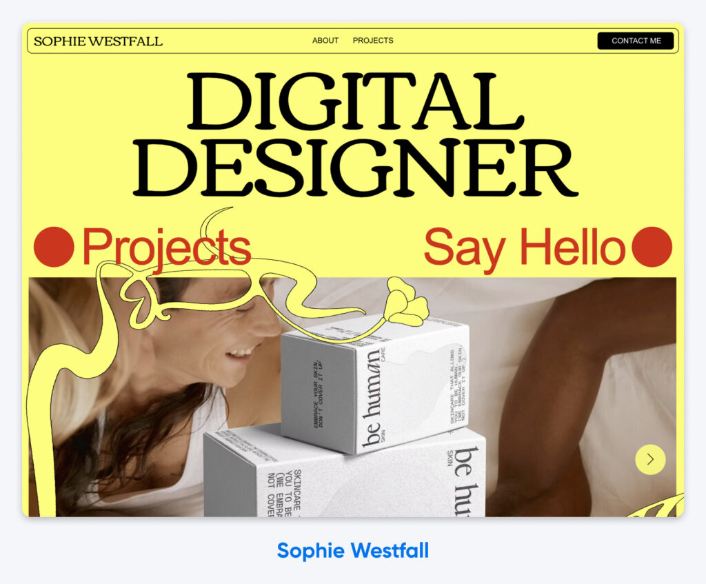 Página de inicio del portafolio de la diseñadora digital Sophie Westfall, que presenta texto en negrita, ilustraciones amarillas y divertidas, e imágenes de envases de productos para el cuidado de la piel.