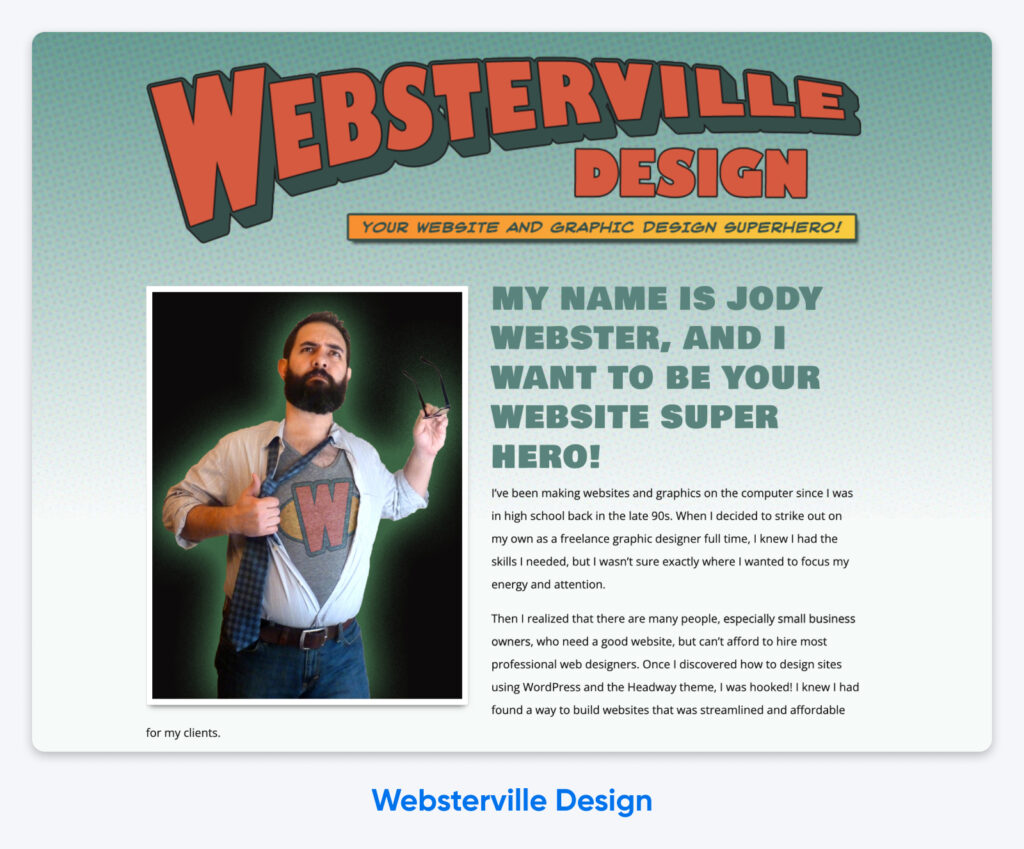 Página de inicio con estilo cómic de Websterville Design, que presenta a Jody Webster como un “superhéroe de los sitios web”, con una foto en disfraz y la historia de la marca.