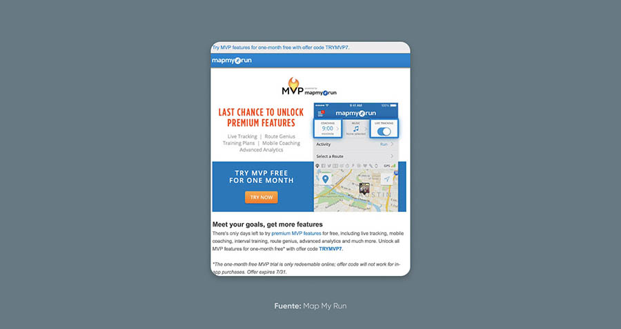 Captura de pantalla correo promocional Map My Run