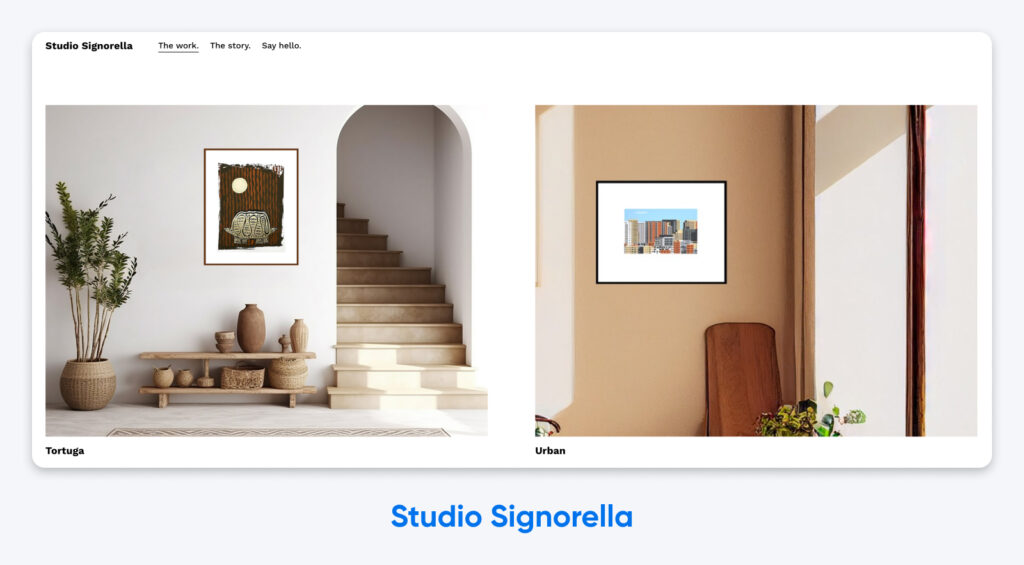 Vista de pantalla dividida de Studio Signorella que muestra arte enmarcado para pared en ambientes interiores decorados, etiquetados como “Tortuga” y “Urban.”