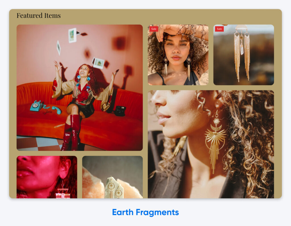 Collage de piezas de joyería destacadas de Earth Fragments, que resalta pendientes llamativos en modelos y fotos de producto estilizadas.