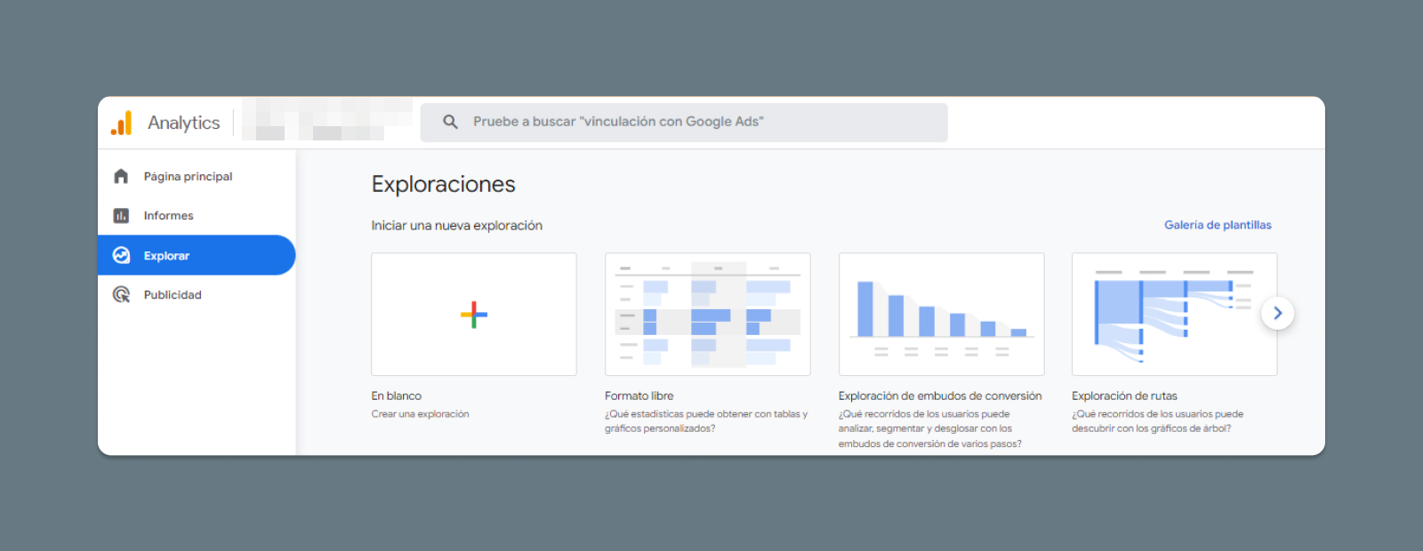 Menú de acceso a Exploraciones de GA4
