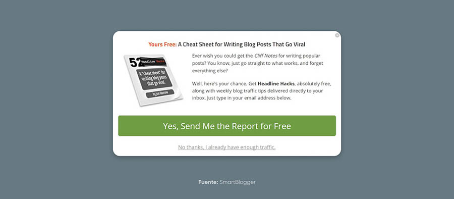 Ejemplo de una ventana emergente en un sitio web