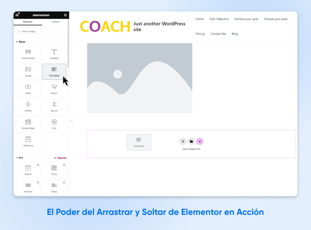 Captura de pantalla del editor de Elementor con un widget de Editor de Texto siendo arrastrado al diseño de una página.