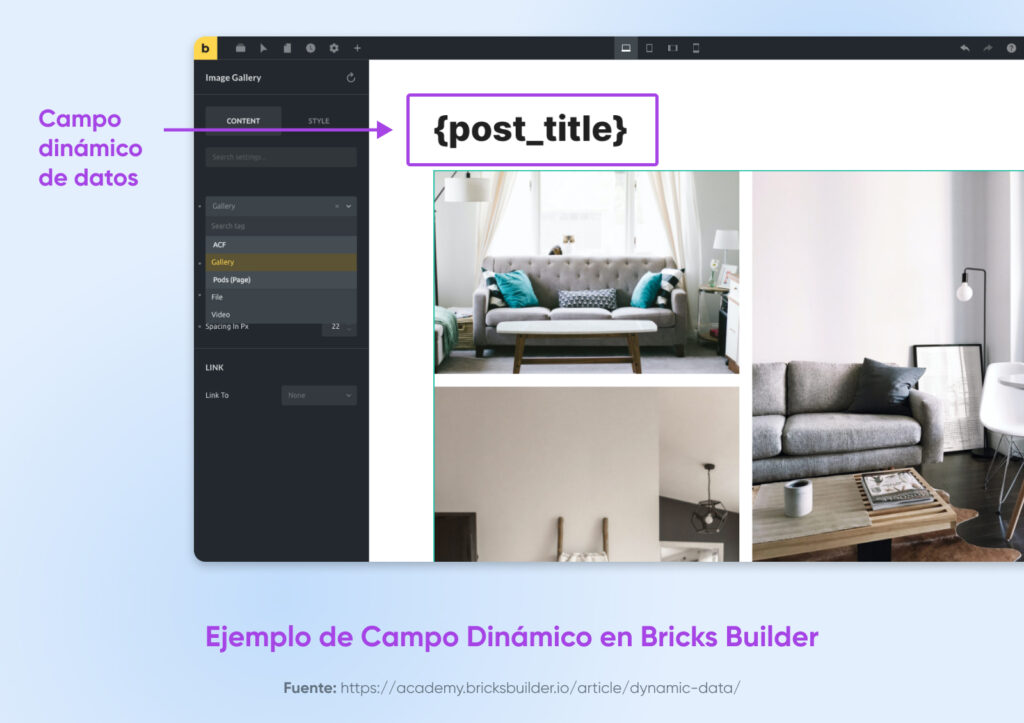 Captura de pantalla de Bricks Builder mostrando un campo de datos dinámico etiquetado como {post_title} aplicado a un elemento de galería de imágenes.