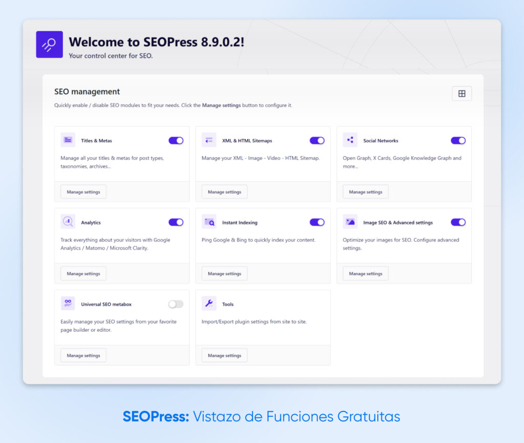 Captura de pantalla del panel de SEOPress 8.9.0.2 que muestra varios módulos de funciones SEO gratuitas, incluyendo Títulos y Metas, Sitemaps, Redes Sociales, Analíticas, Indexación Instantánea y más.