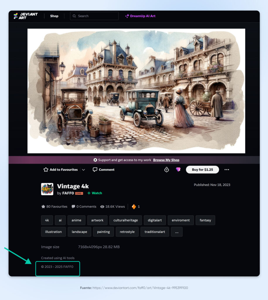 Captura de pantalla de una publicación en DeviantArt con arte vintage generado por IA, destacando el aviso de derechos de autor “© 2023–2025 FAFFO” debajo de los detalles de la imagen. 