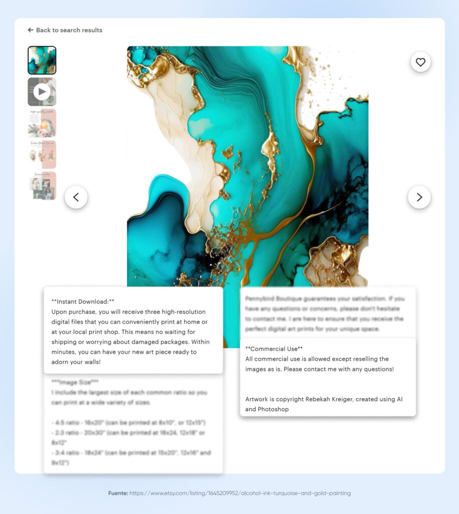 Listado de obra de arte digital con indicaciones sobre descarga, uso comercial y términos de derechos de autor; la obra fue creada con IA y Photoshop. 