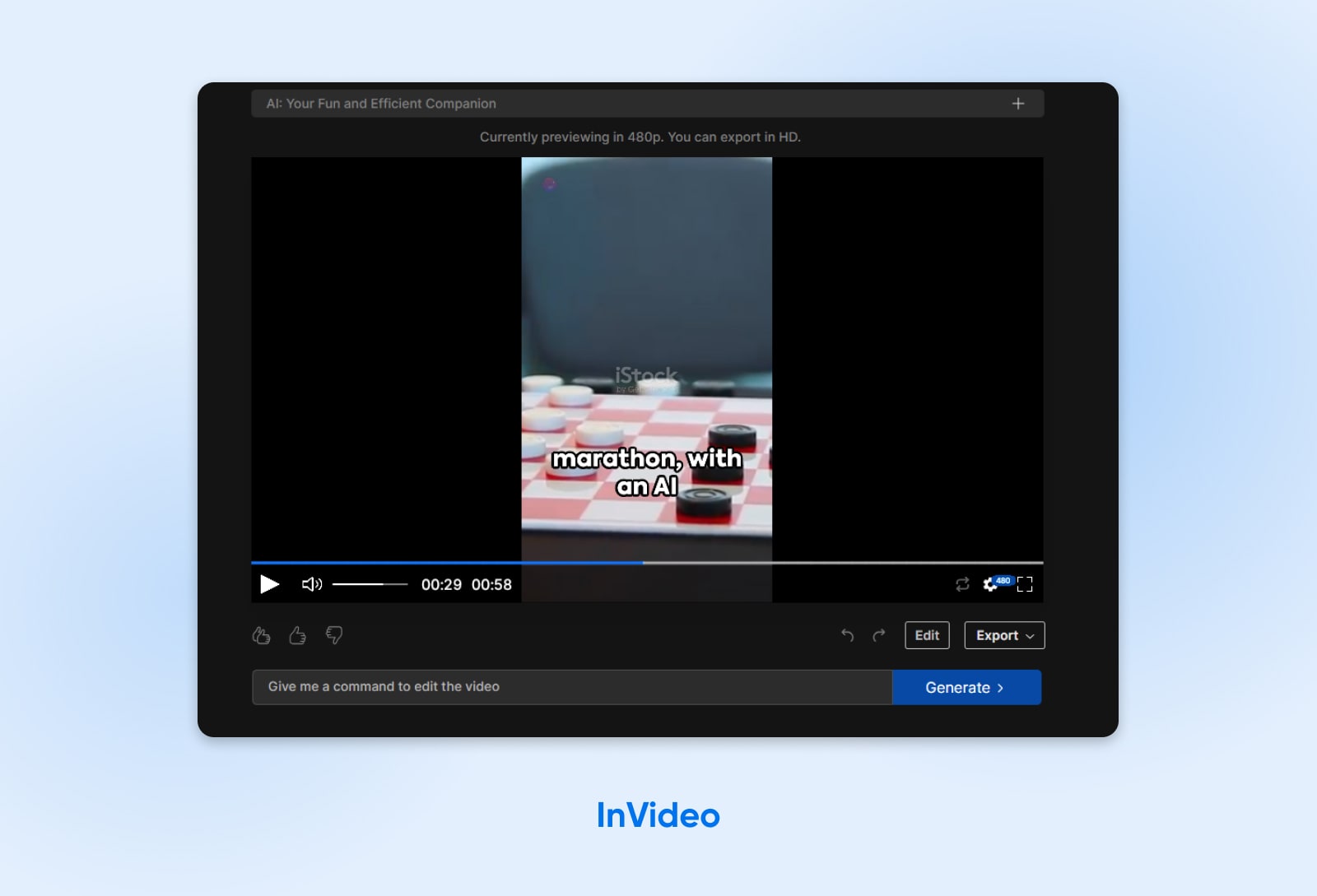 screenshot of InVideo in use with a video istock clicp and captions reading "marathon, with an AI" 