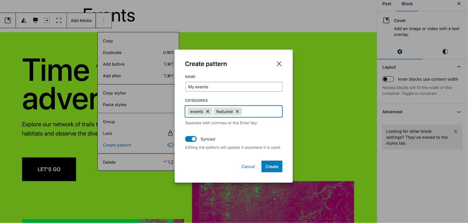 design concept adding pattern categories in WordPress 6.4