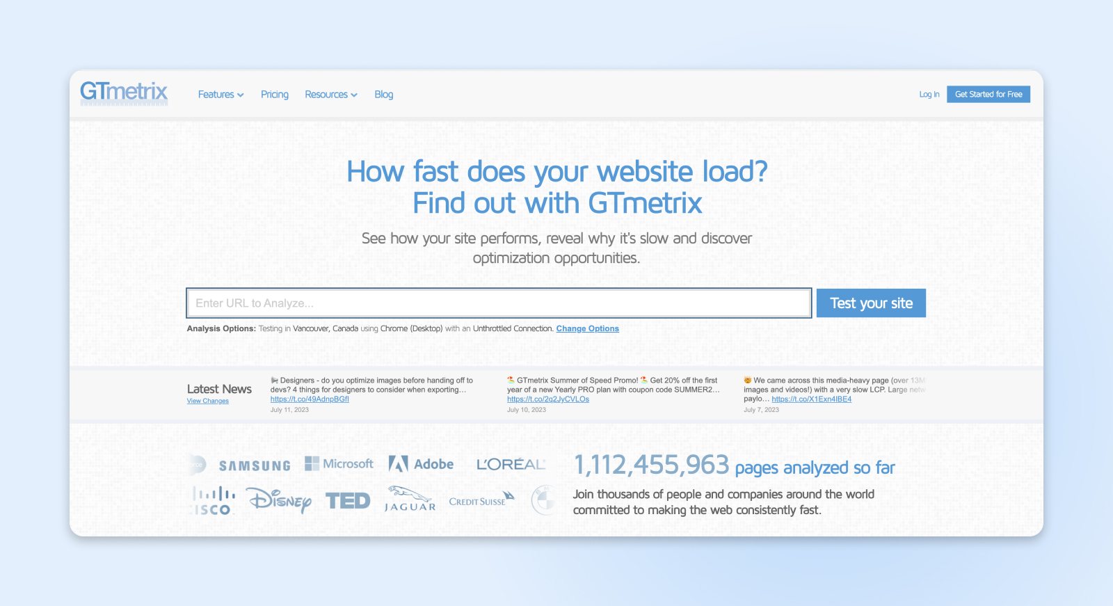 Sitio web de GTmetrix.