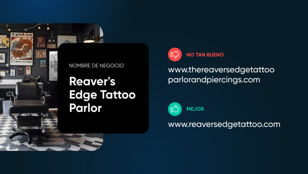 Ejemplo que muestra una mejor URL, www.reaversedgetattoo.com , frente a una URL problemática, www.thereaversedgetattooparlorandpiercings.com , para el negocio Reaver's Edge Tattoo Parlor.