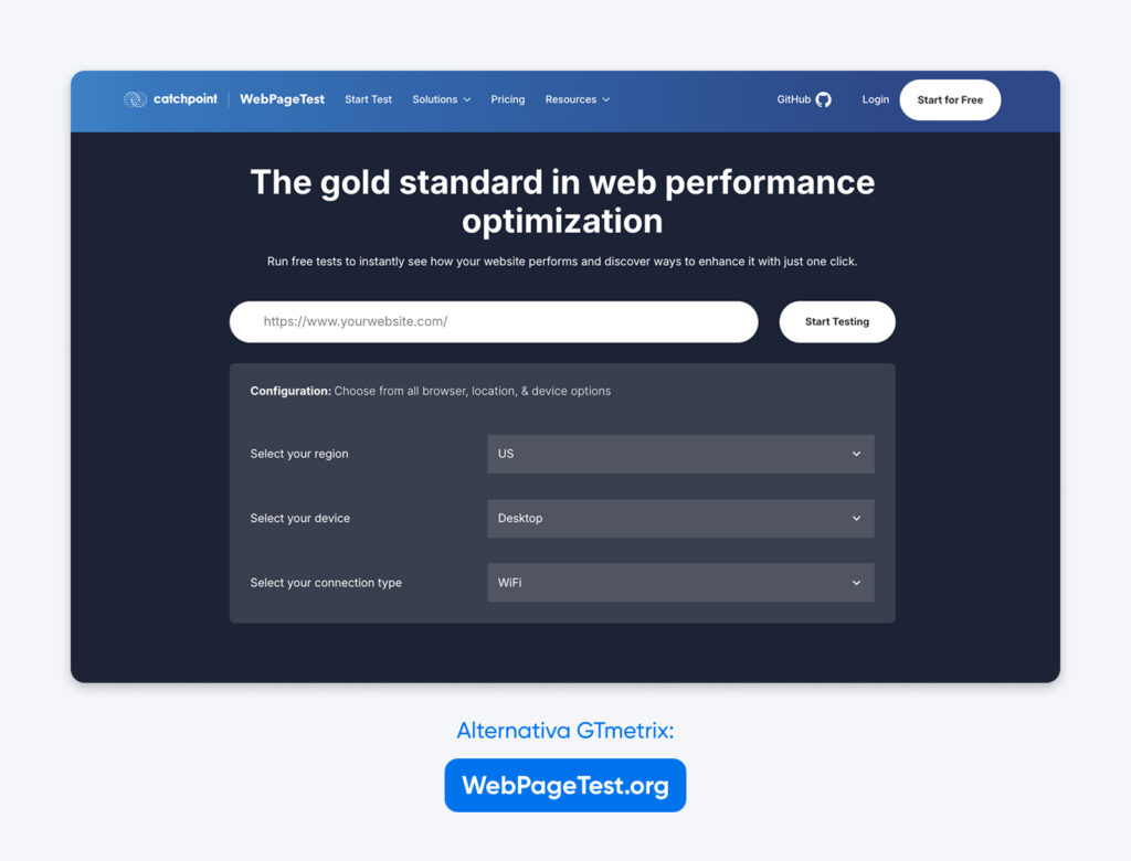Captura de pantalla de la página principal de WebPageTest que muestra un campo para ingresar la URL de un sitio web, opciones de región/dispositivo/conexión y un recuadro que lo destaca como una alternativa a GTmetrix.