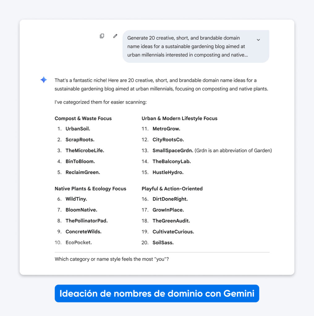 Respuesta de ChatGPT que muestra 20 ideas de nombres de dominio categorizadas para un blog de jardinería sostenible dirigido a millennials urbanos, incluyendo UrbanSoil, ScrapRoots, MetroGrow y CityRootsCo.