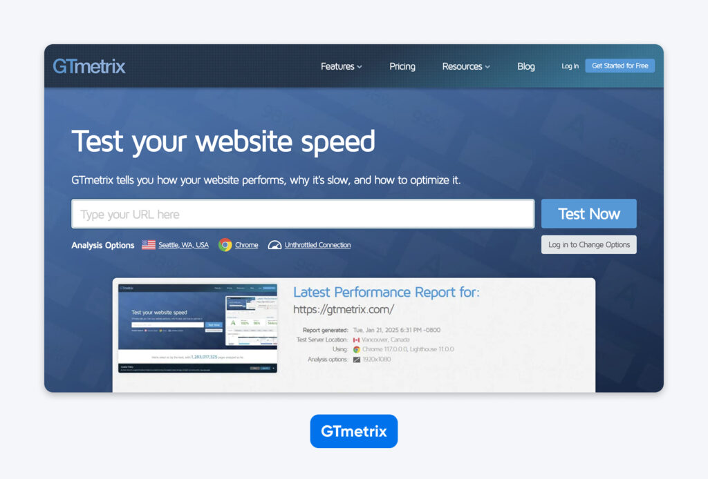 Captura de pantalla de la página principal de GTmetrix que muestra el campo para ingresar la URL, las opciones de prueba y una vista previa del informe de rendimiento de un sitio web.