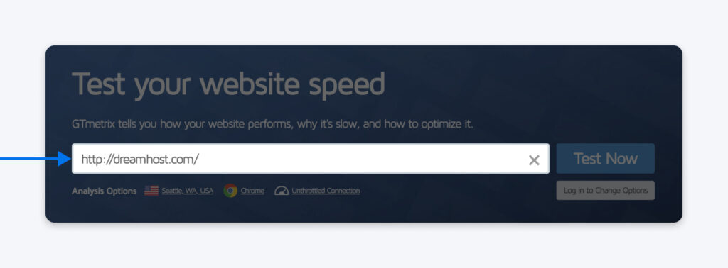 Campo de URL en la página de prueba de GTmetrix que muestra “http://dreamhost.com/” ingresado antes de ejecutar una prueba de velocidad.