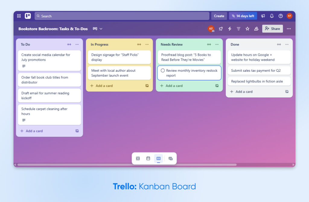 Tablero de Trello para una librería con tareas organizadas en columnas de Por Hacer, En Progreso, Requiere Revisión y Completado. Incluye promociones, eventos, administración y mantenimiento.