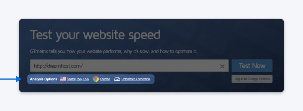 Opciones de análisis seleccionadas en GTmetrix que muestran la ubicación de Seattle, el navegador Chrome y una conexión sin limitaciones.