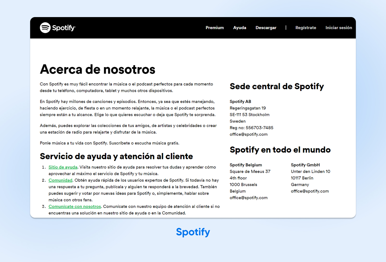 página ‘Sobre Nosotros’ Spotify