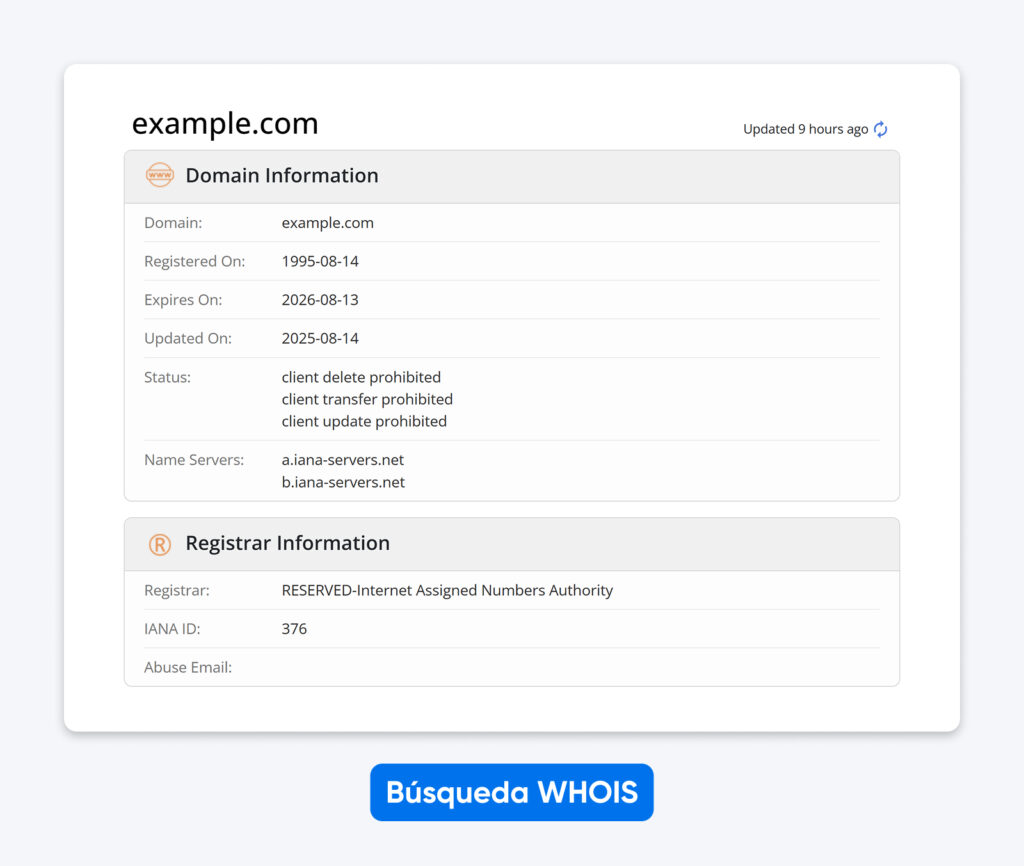 Resultado de la búsqueda WHOIS que muestra la información del dominio example.com, incluyendo la fecha de registro, fecha de expiración, estado, servidores de nombre y detalles del registrador para la Internet Assigned Numbers Authority.