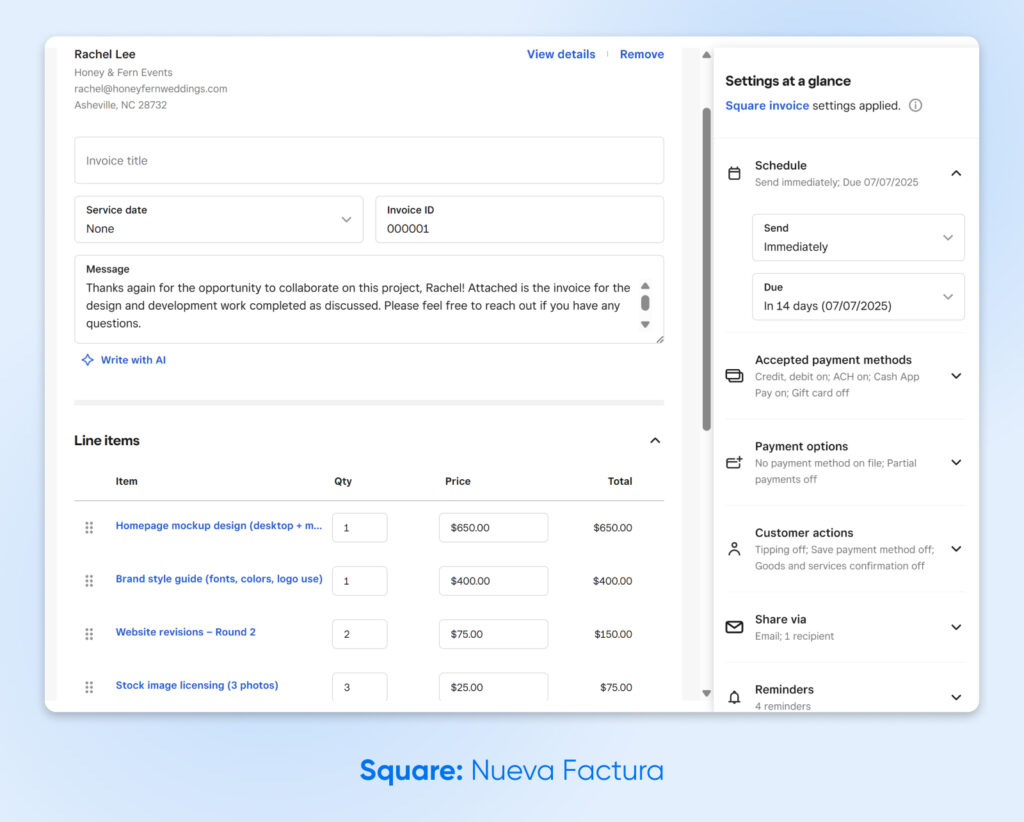 Factura de Square con partidas detalladas por trabajo de diseño, con vencimiento en 14 días. Incluye un mensaje para el cliente, desglose de los cargos y métodos de pago aceptados en el lado derecho.
